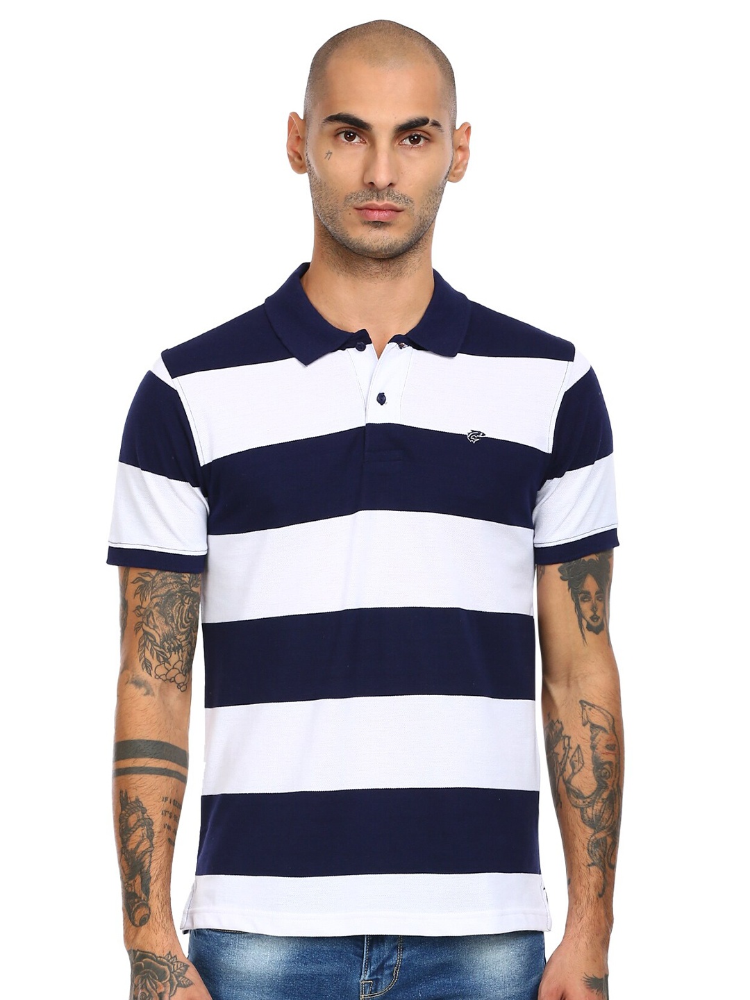 

Ruggers Men Blue Striped Polo Collar T-shirt