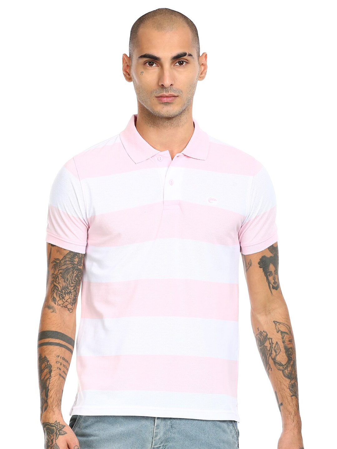 

Ruggers Men Pink Striped Polo Collar T-shirt
