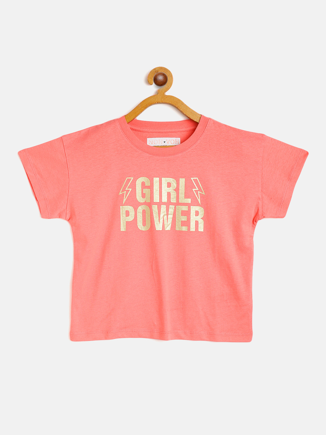 

Noh Voh - SASSAFRAS Kids Girls Peach-Colour Golden Slogan Print Pure Cotton Boxy Pure Cotton T-shirt