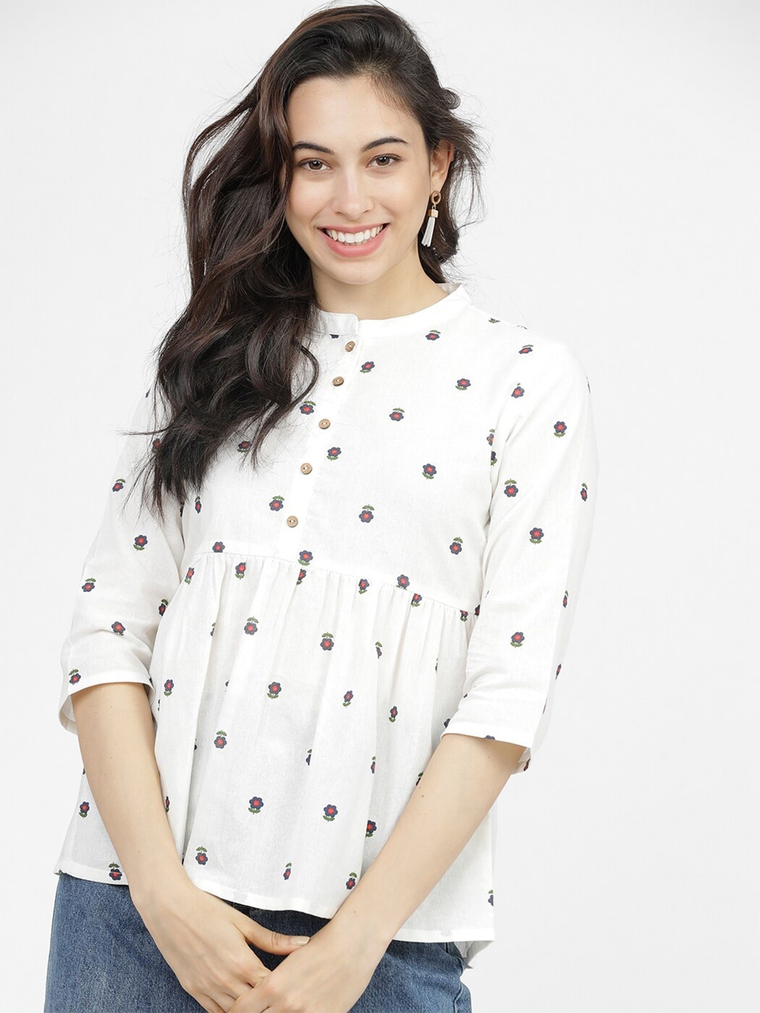 

Vishudh Cream & Red Floral Printed Pure Cotton A-Line Top With Gathered Detailing