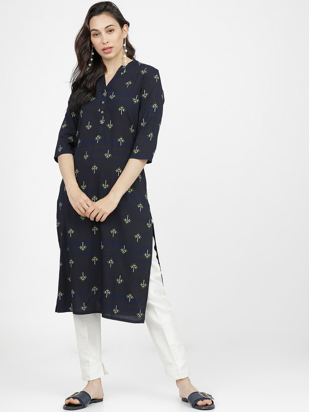 

Vishudh Women Navy Blue & Beige Ethnic Motifs Printed Kurta
