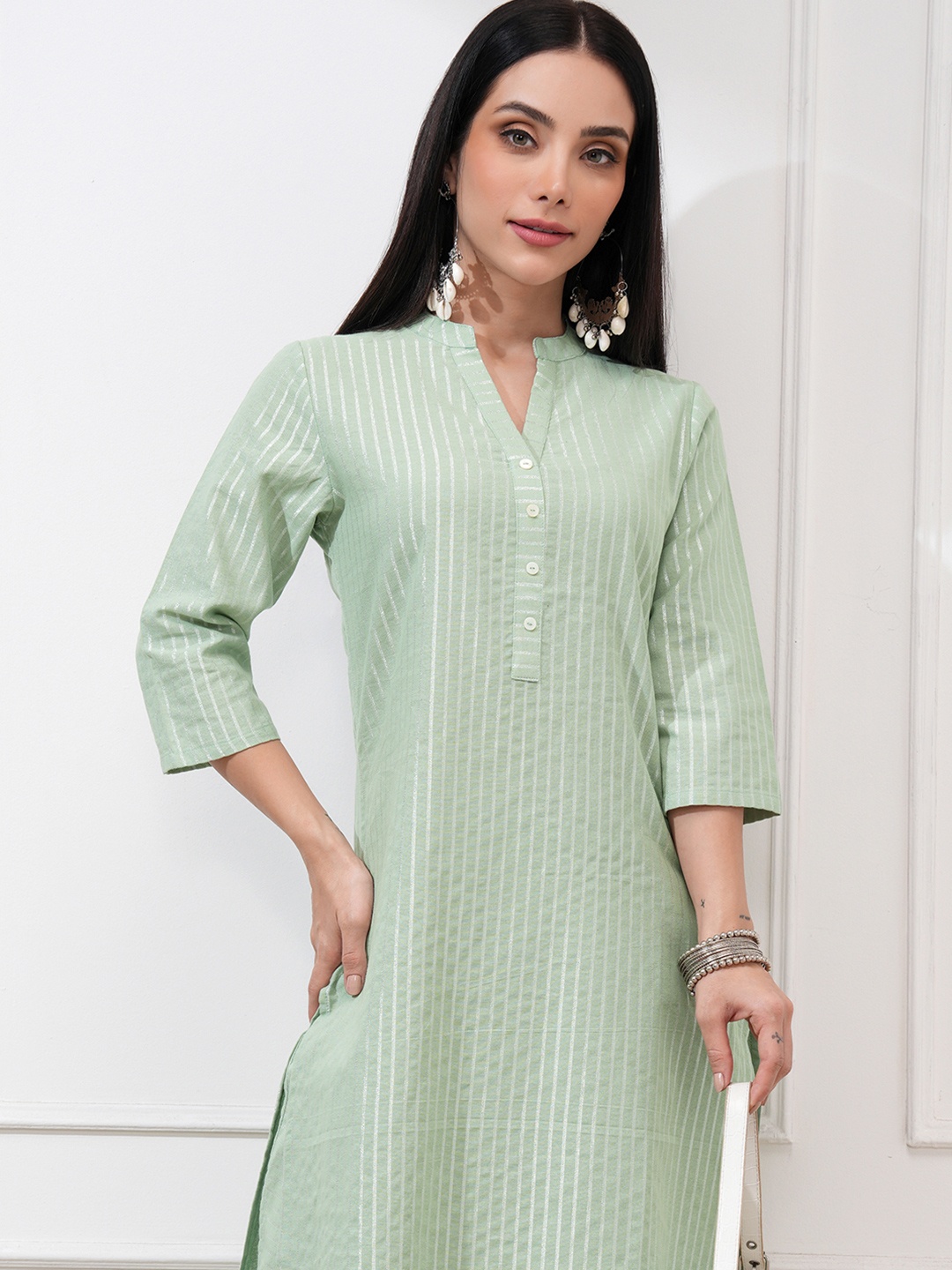 

Vishudh Women Lime Green Striped Regular Pure Cotton Kurti with Trousers