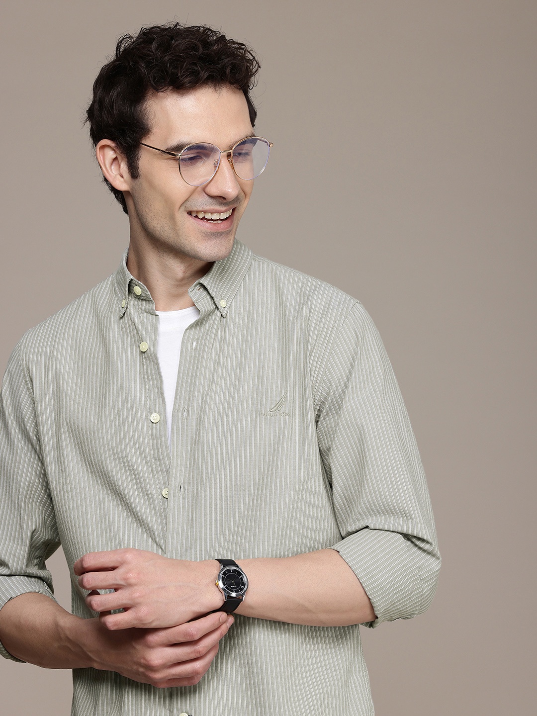 

Nautica Slim Fit Opaque Striped Casual Shirt, Green