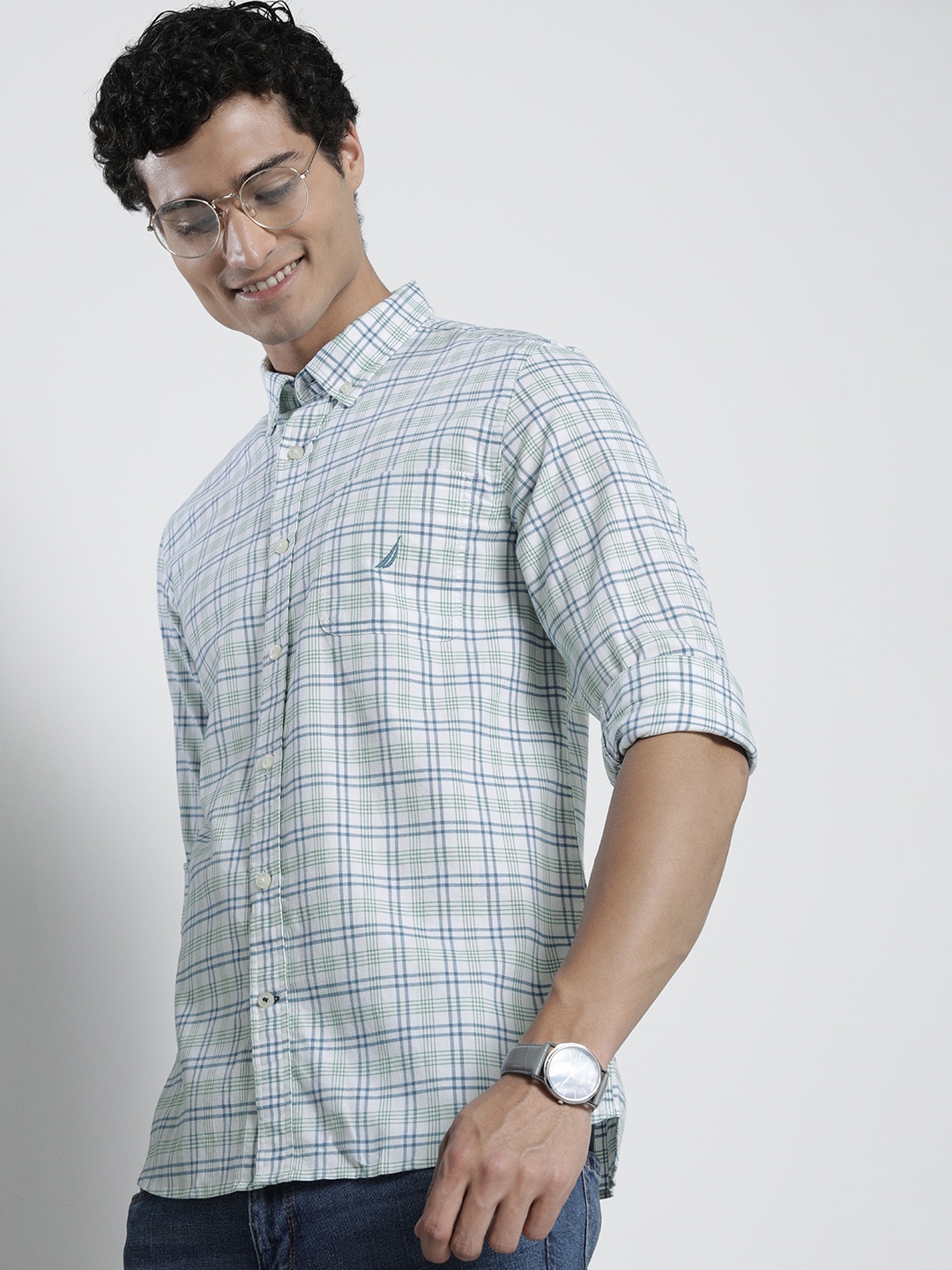 

Nautica Men Slim Fit Tartan Checks Casual Shirt, White