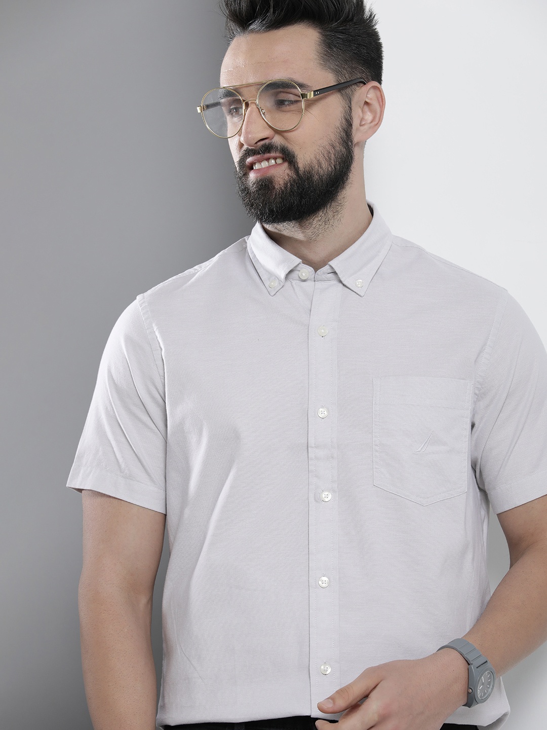 

Nautica Men Classic Fit Solid Opaque Stretchable Casual Shirt With Chest Pocket, Grey