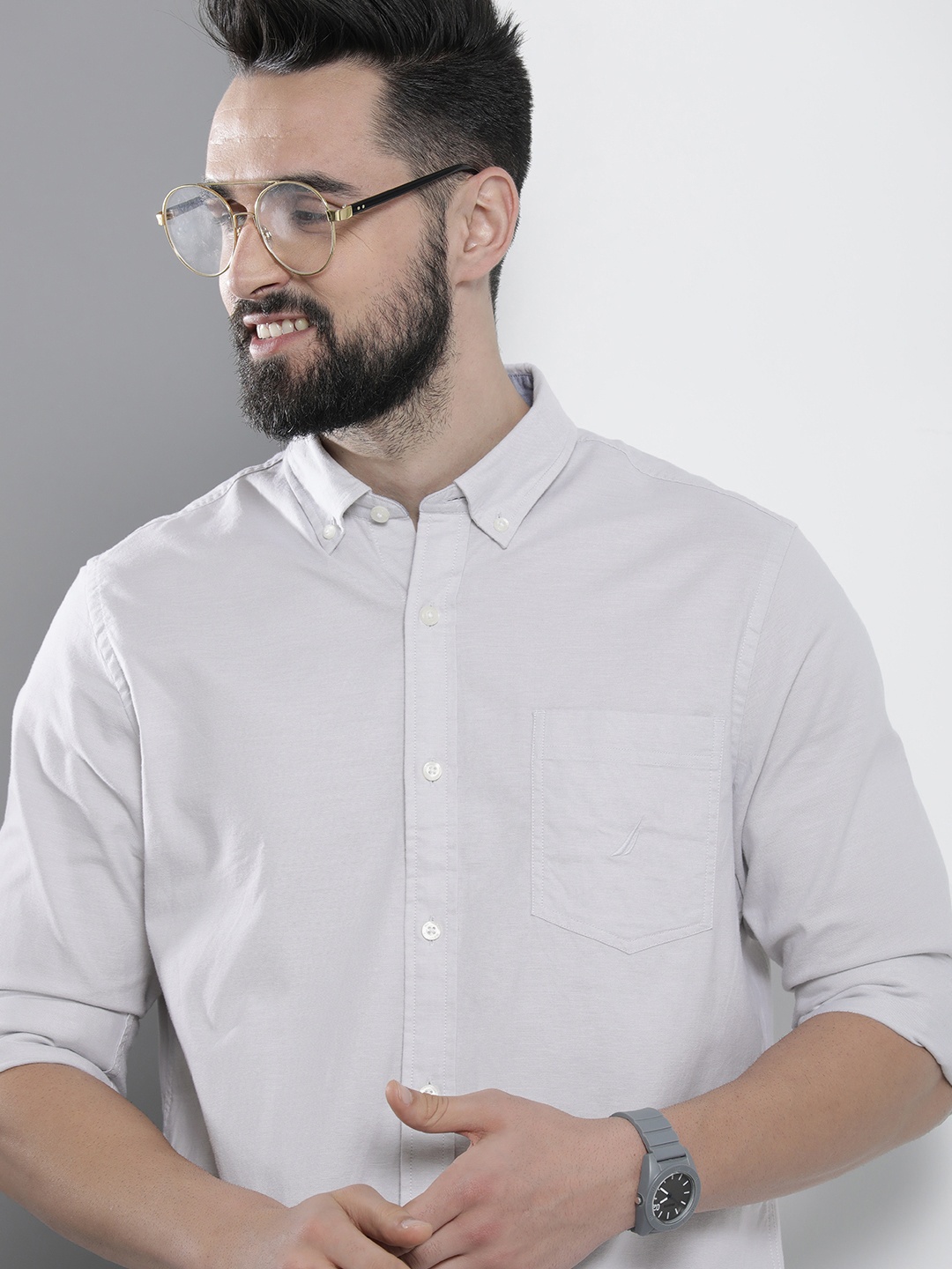 

Nautica Men Classic Fit Solid Opaque Stretchable Casual Shirt With Chest Pocket, Grey