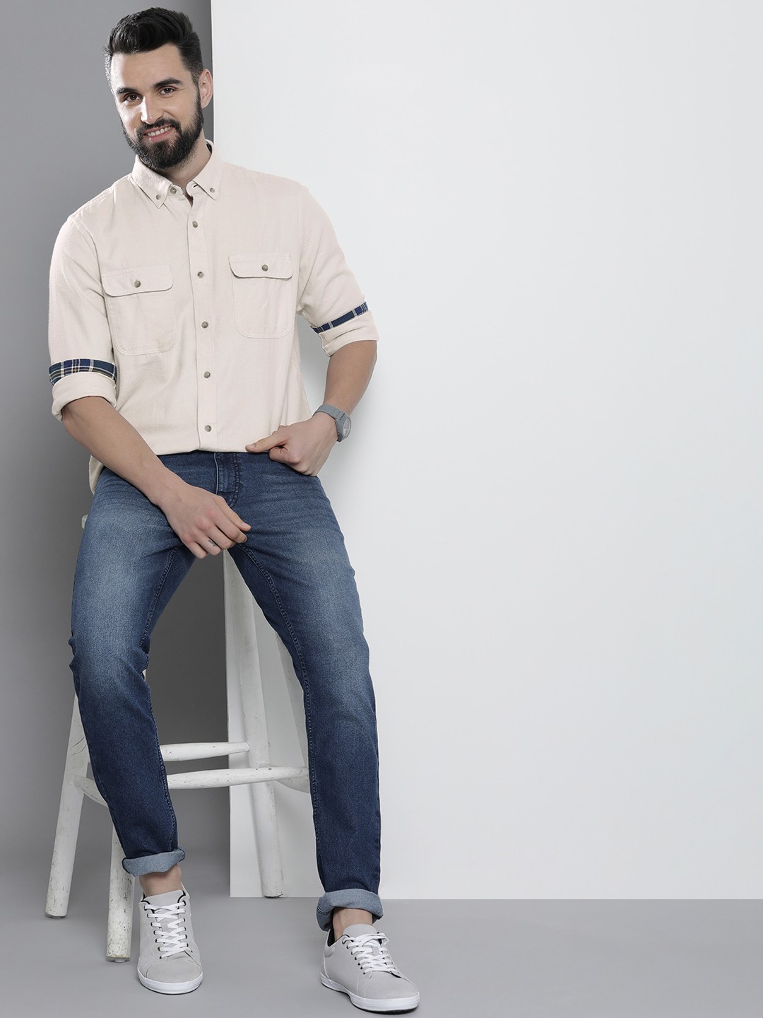 

Nautica Men Classic Pure Cotton Casual Shirt, Beige
