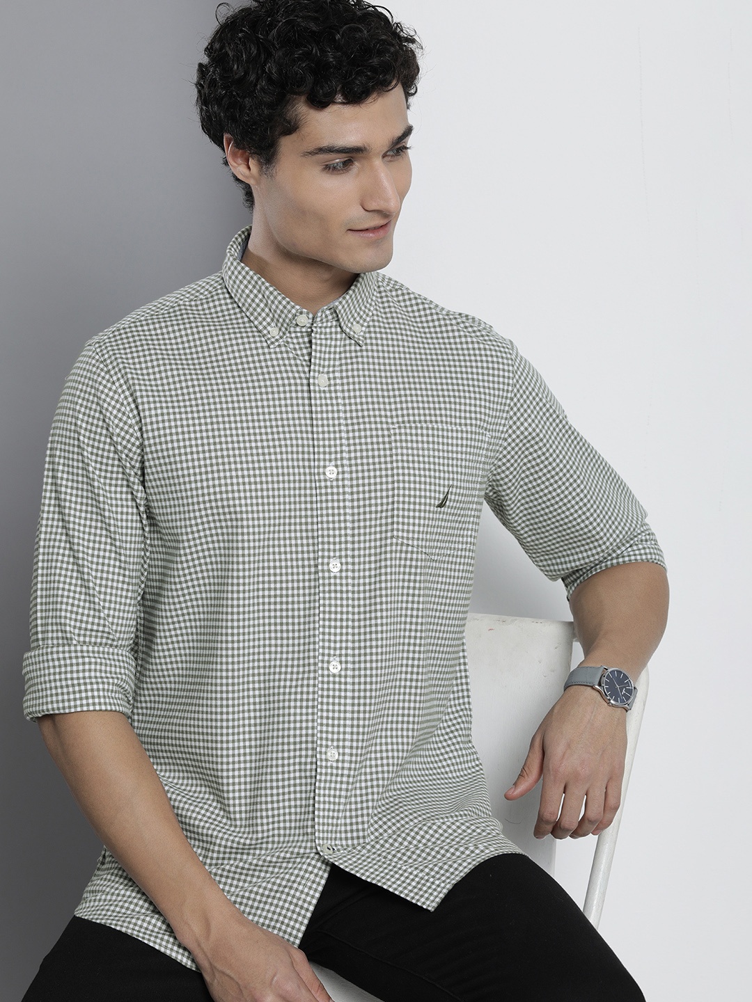 

Nautica Men Classic Gingham Checked Casual Shirt, Olive