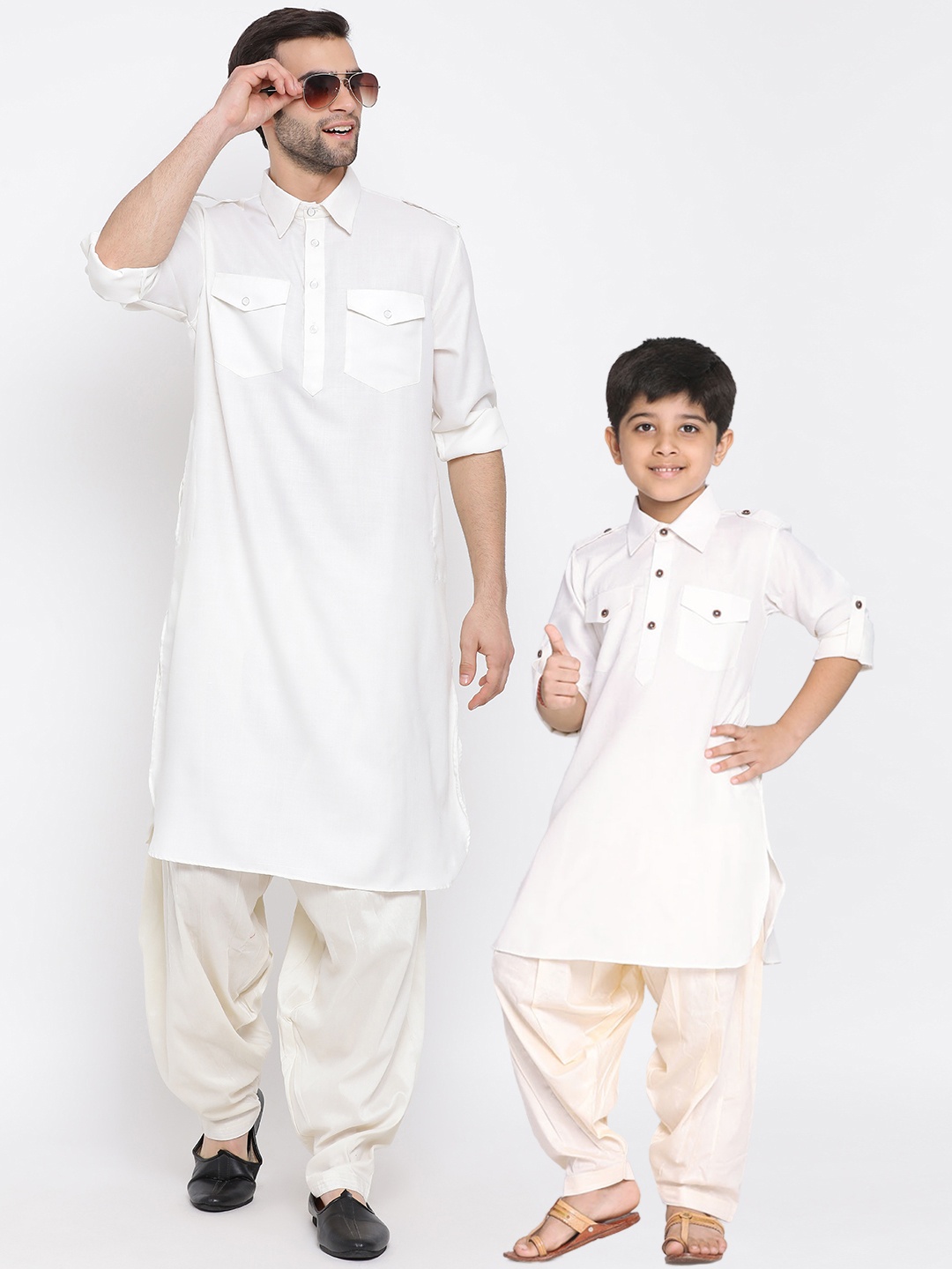 

VASTRAMAY Boys Cream-Coloured Cotton Blend Pathani Kurta with Patiala