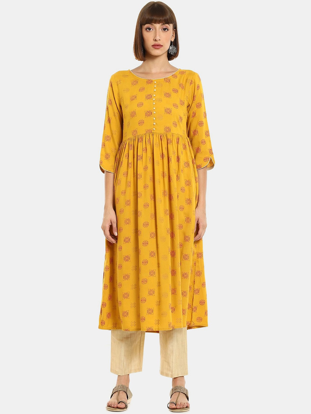 

Karigari Women Yellow & Pink Ethnic Motifs Printed Anarkali Kurta