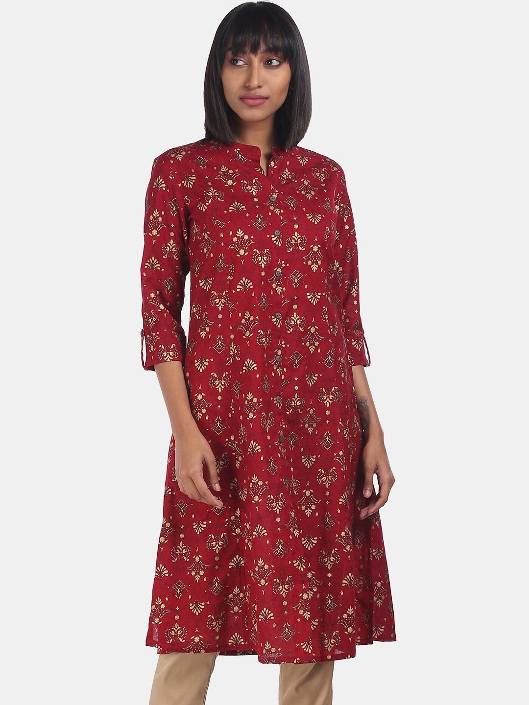 

Karigari Women Red & Gold Ethnic Motifs Printed Regular Kurta
