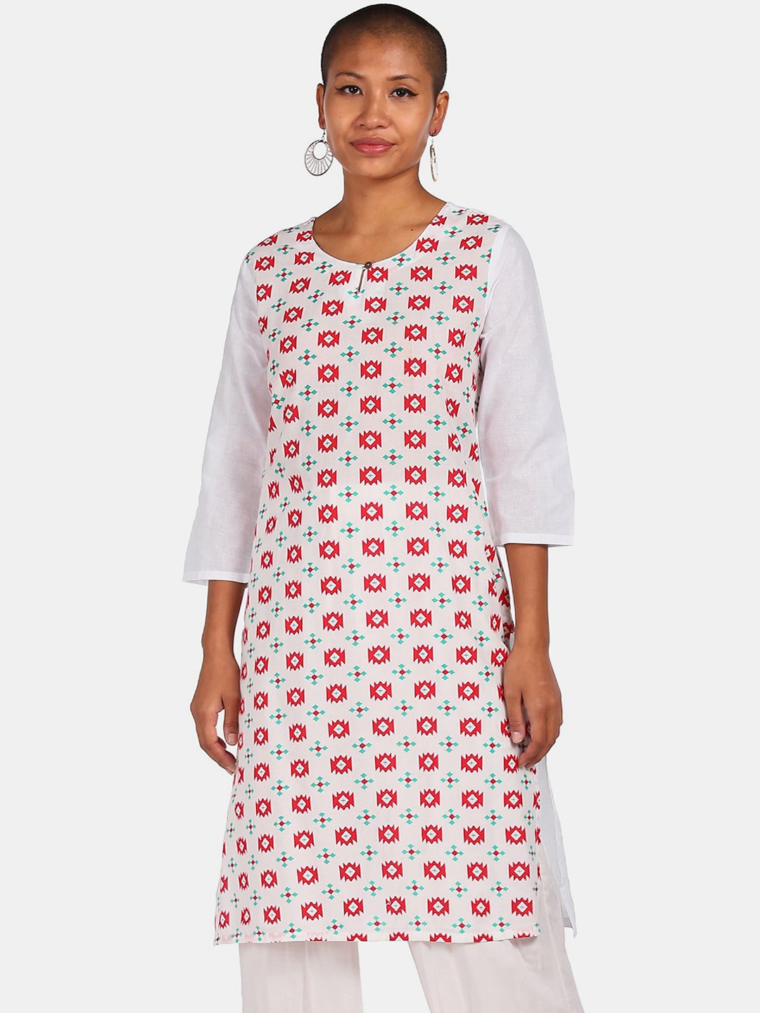 

Karigari Women White & Red Printed Keyhole Neck Kurta