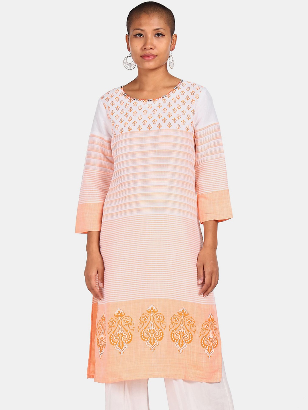 

Karigari Women Orange & White Striped Kurta