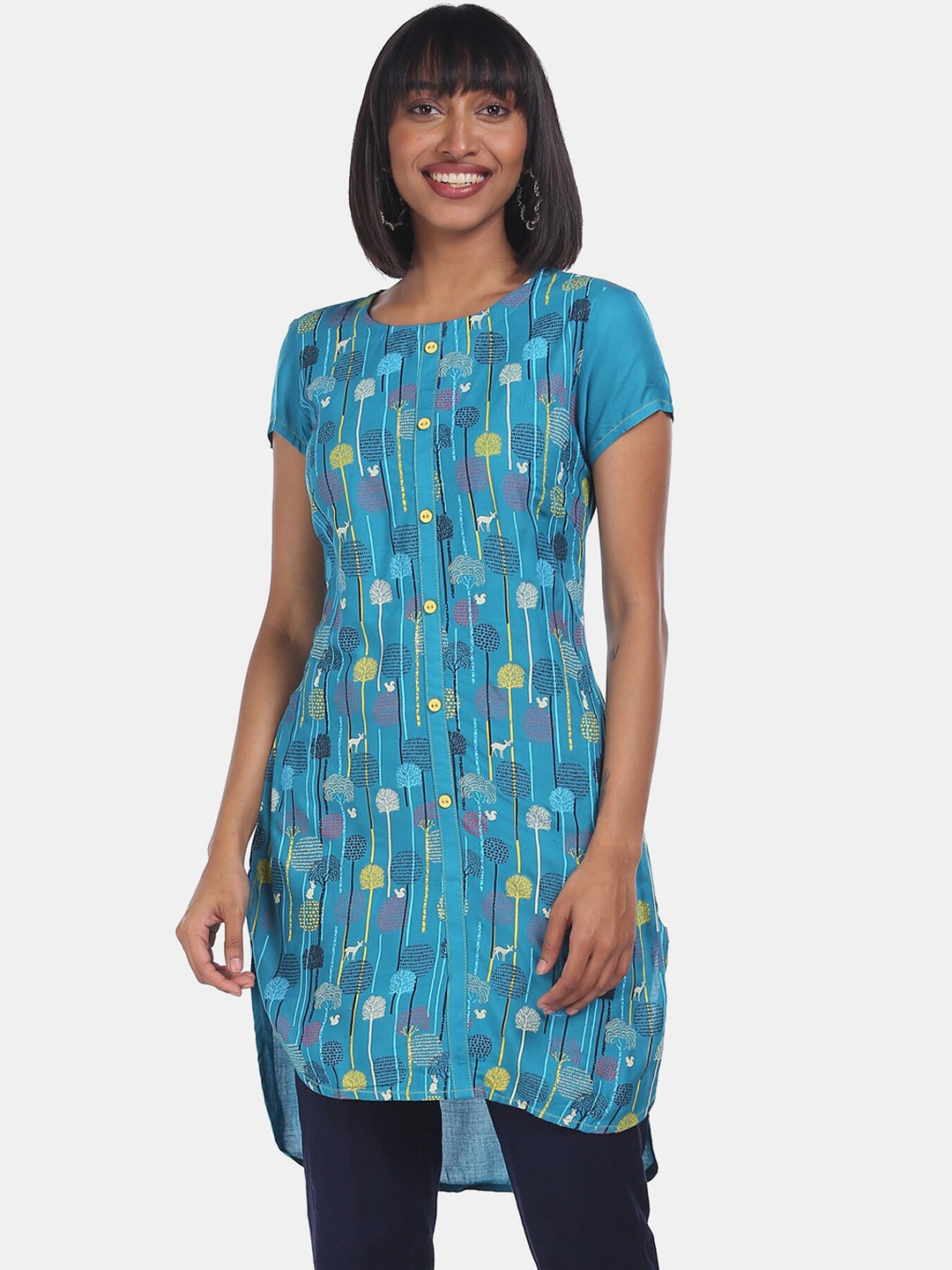 

Karigari Women Blue & Yellow Abstract Printed Regular Kurta