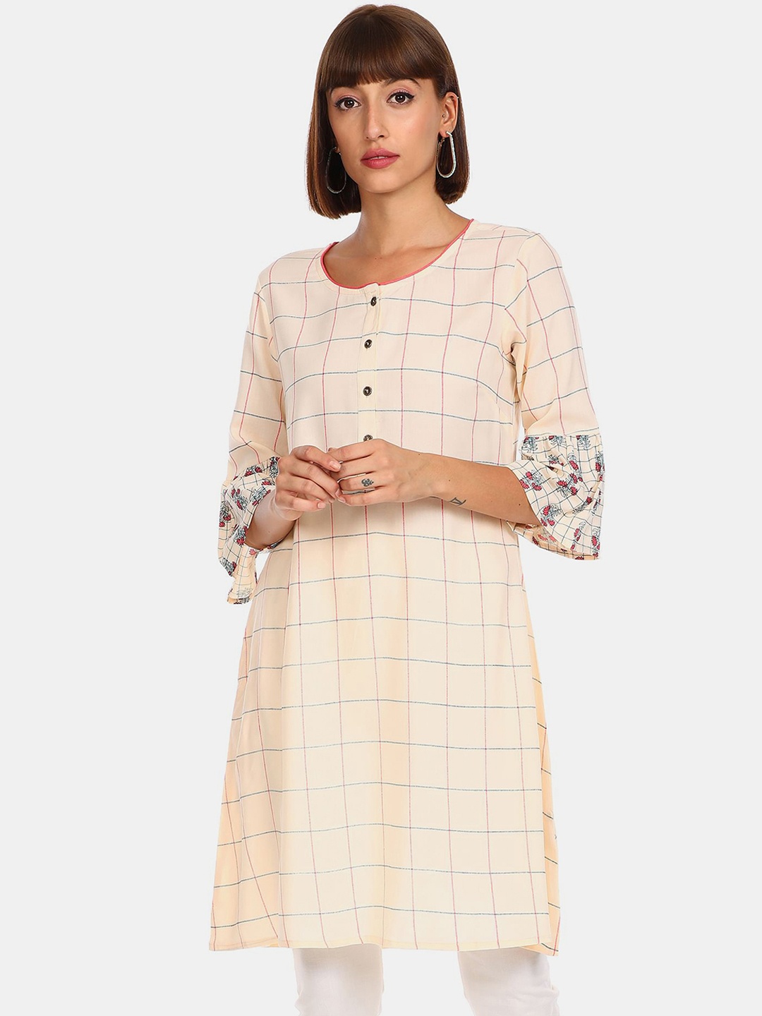 

Karigari Women Off White & Pink Checked Kurta
