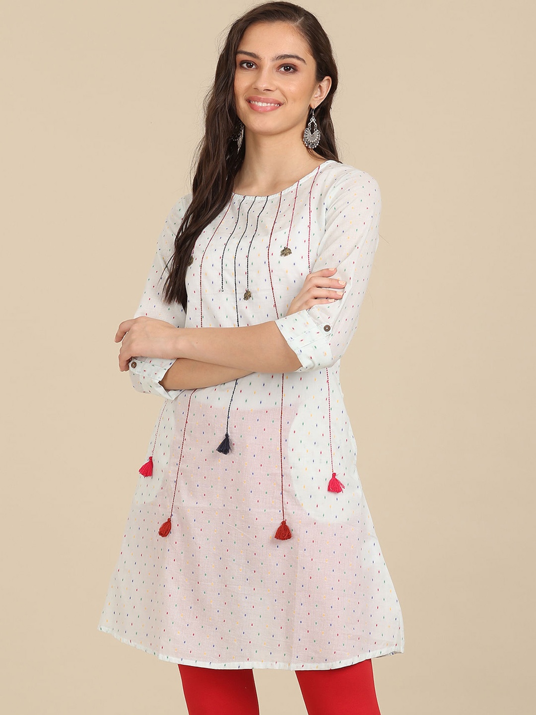 

Karigari Women Grey & Red Geometric Striped Kurta