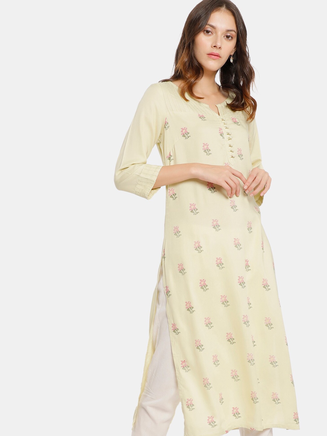 Karigari Women Off White & Pink Floral Printed Kurta
