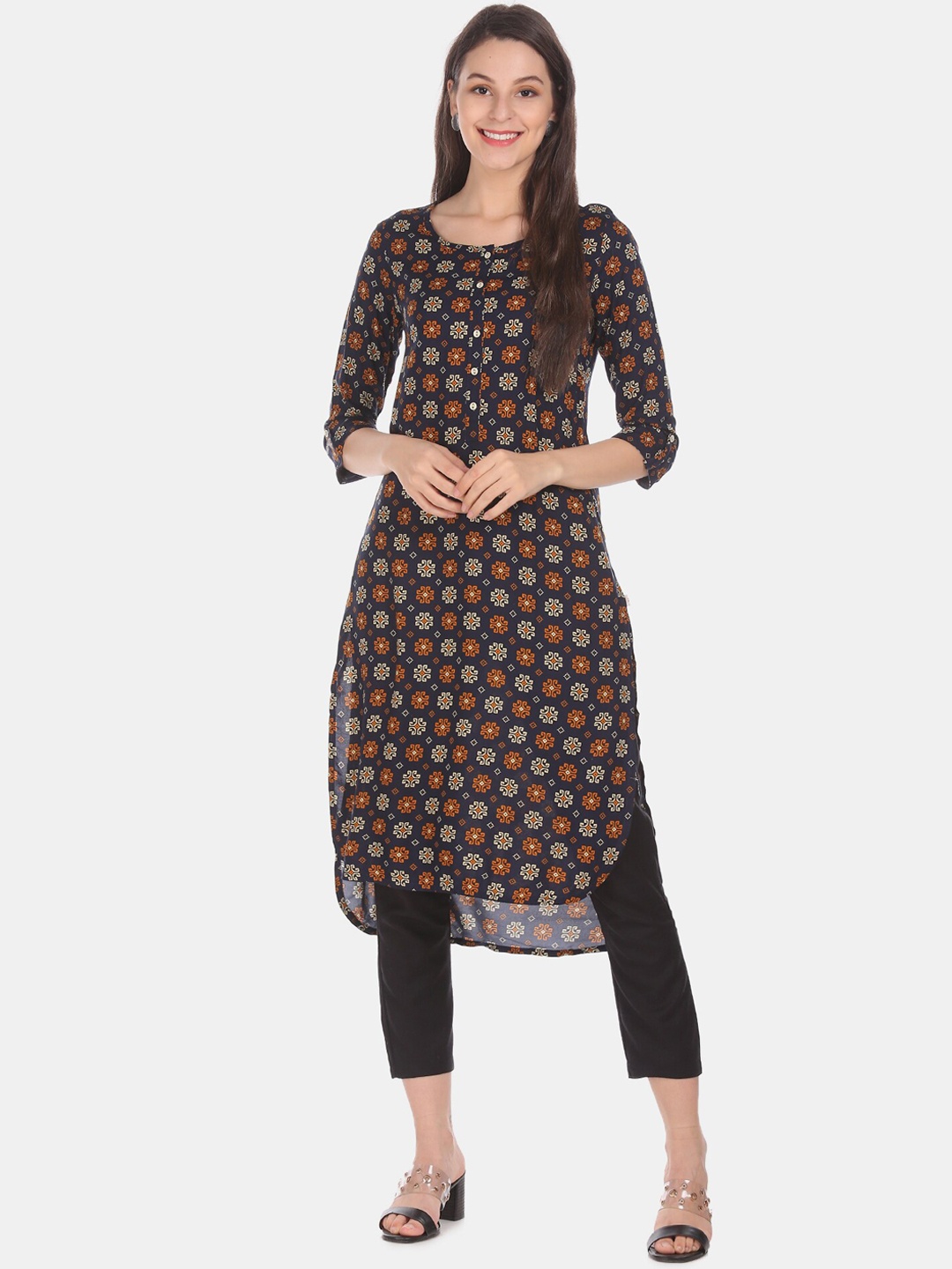 

Karigari Women Blue & Orange Geometric Printed Kurta