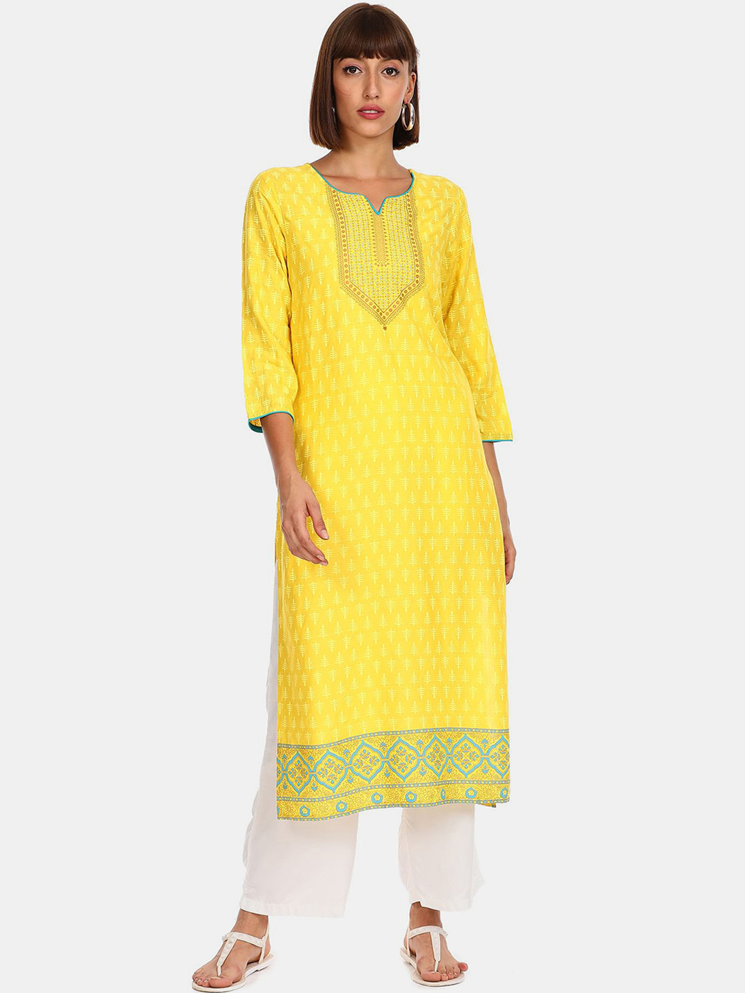 

Karigari Women Yellow & Beige Ethnic Motifs Printed Kurta