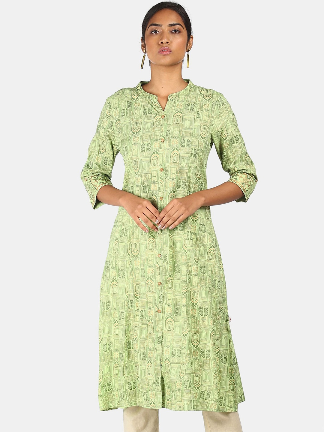 

Karigari Women Green & Beige Ethnic Motifs Printed Kurta