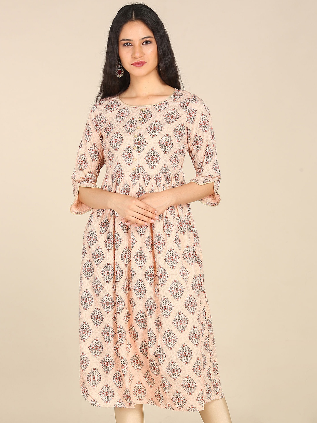 

Karigari Women Peach-Coloured & Red Ethnic Motifs Printed Anarkali Kurta
