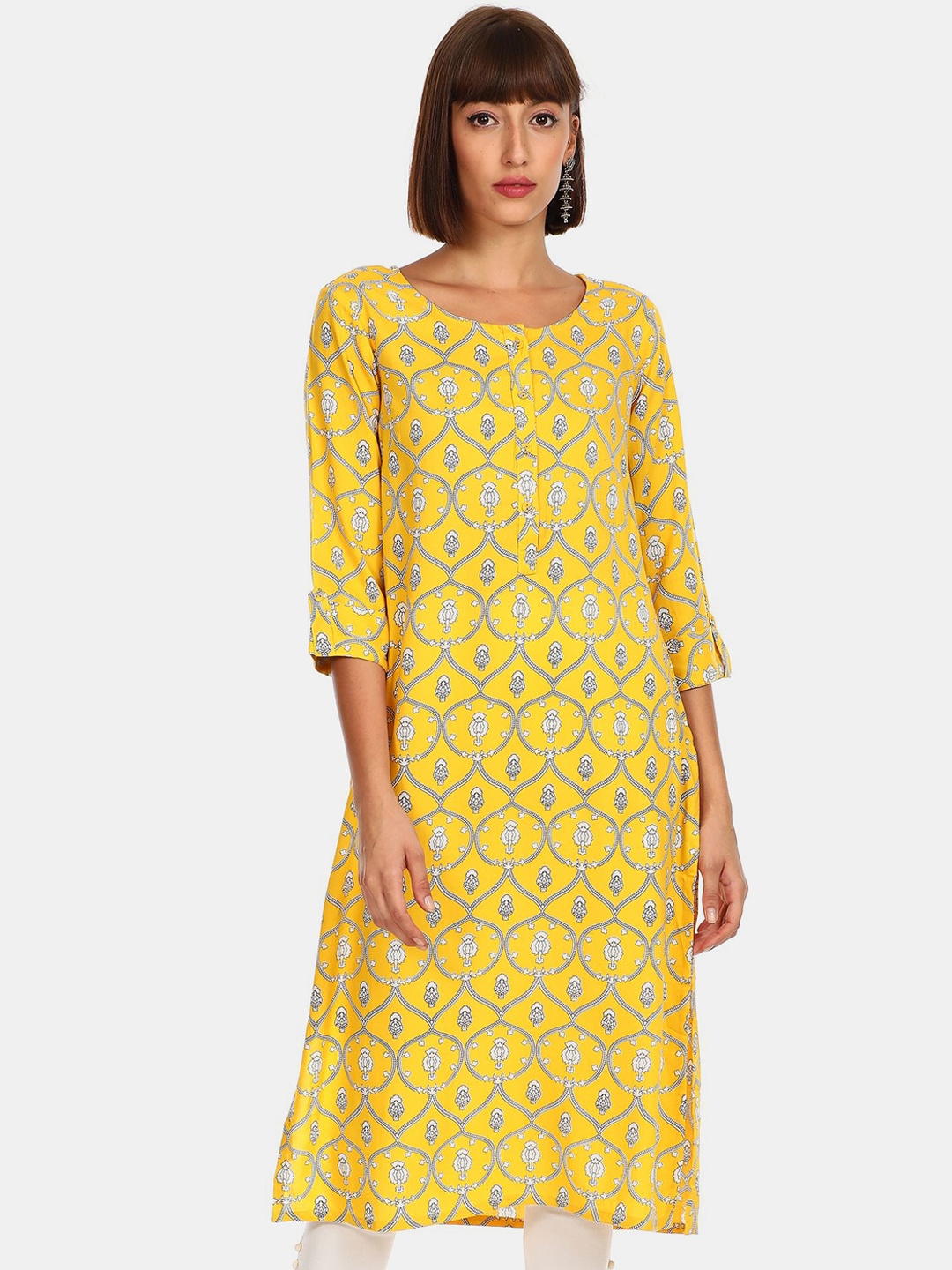 

Karigari Women Yellow & Grey Ethnic Motifs Printed Kurta