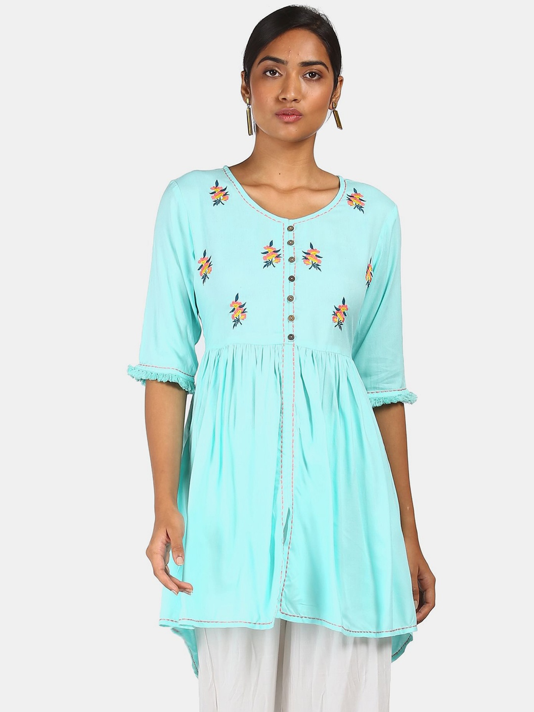 

Karigari Women Blue & Yellow Floral Embroidered Floral Kurta