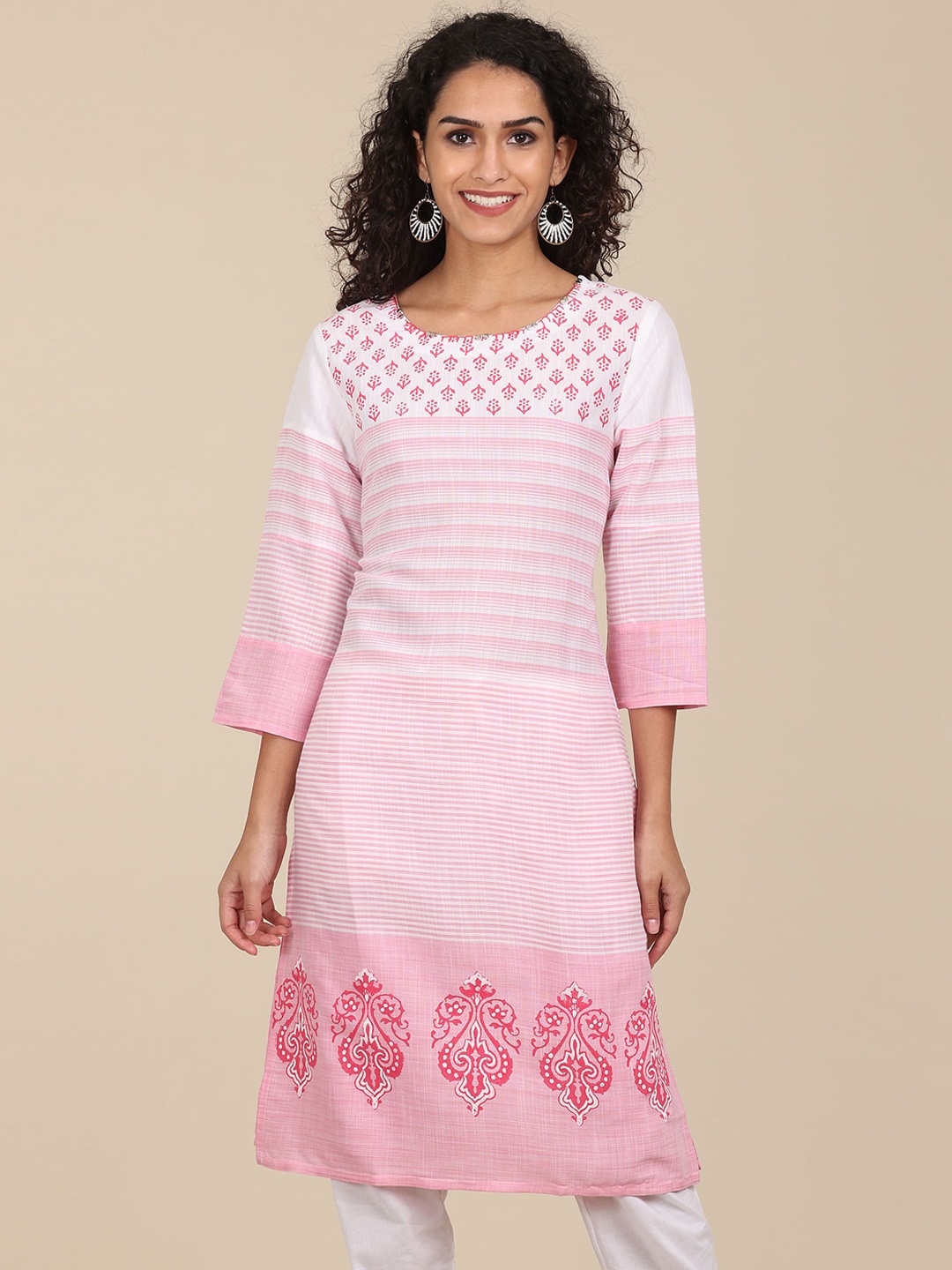 

Karigari Women Pink & White Striped Kurta