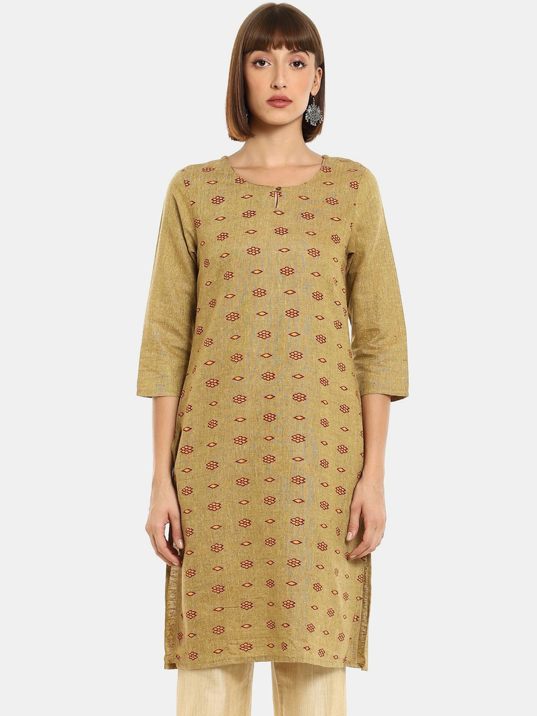 

Karigari Women Mustard Yellow & Red Floral Printed Keyhole Neck Floral Kurta