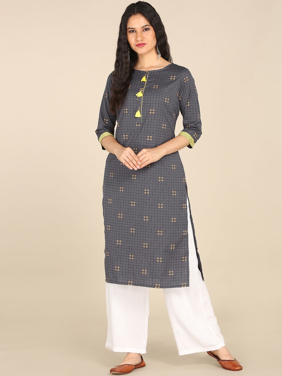 

Karigari Women Grey & Yellow Checked Regular Kurta