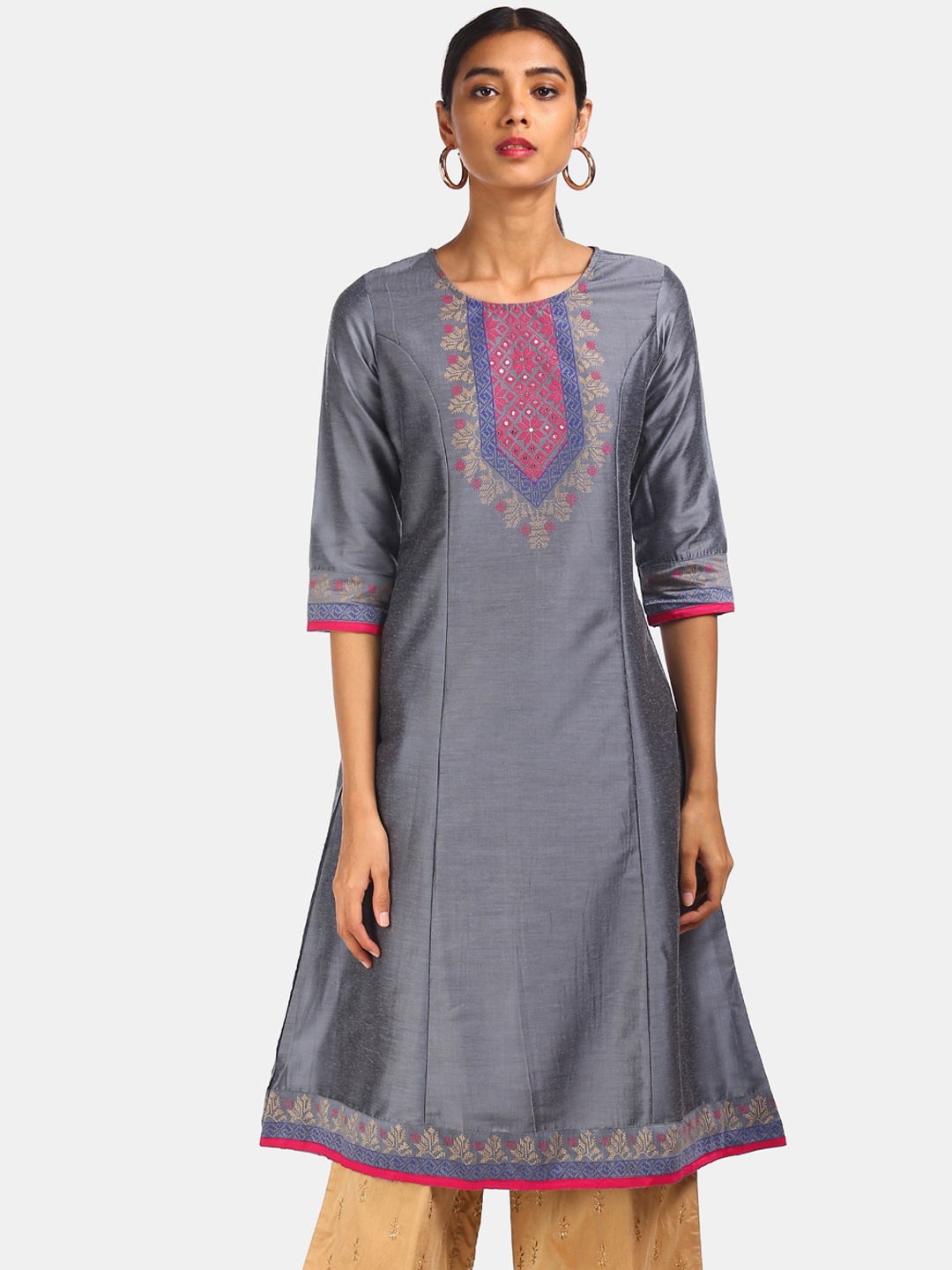 

Karigari Women Grey & Pink Ethnic Motifs Sequins A-Line Kurta