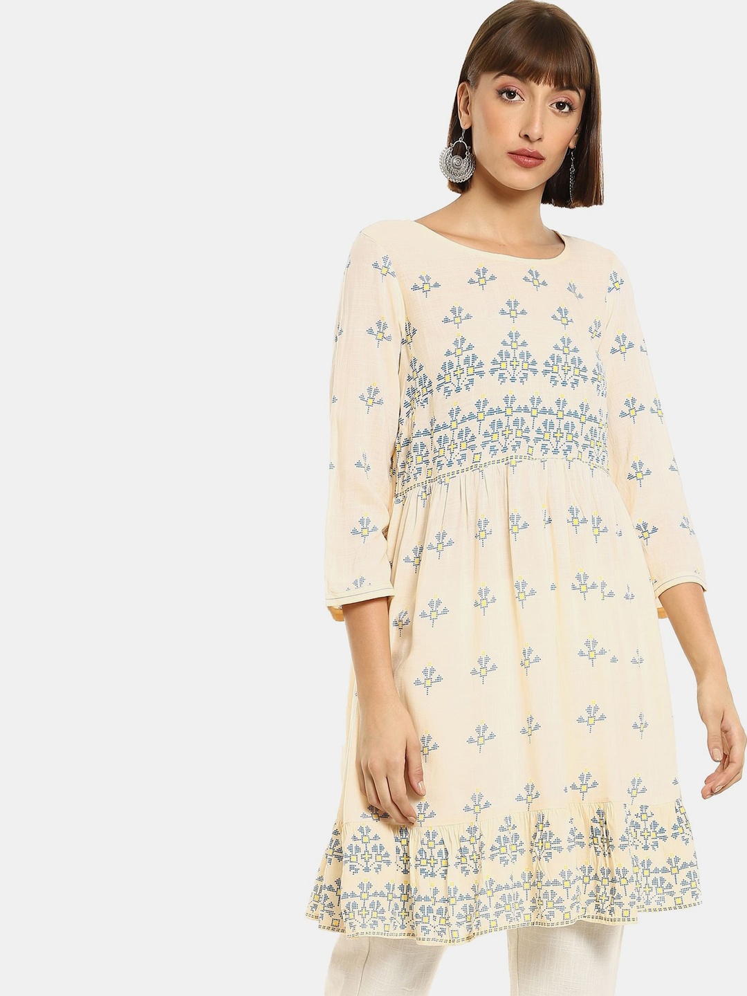 

Karigari Women Beige & Blue Ethnic Motifs Printed Anarkali Kurta