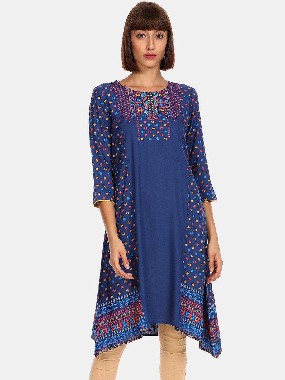 

Karigari Women Blue & Yellow Geometric Printed Cotton Kurta