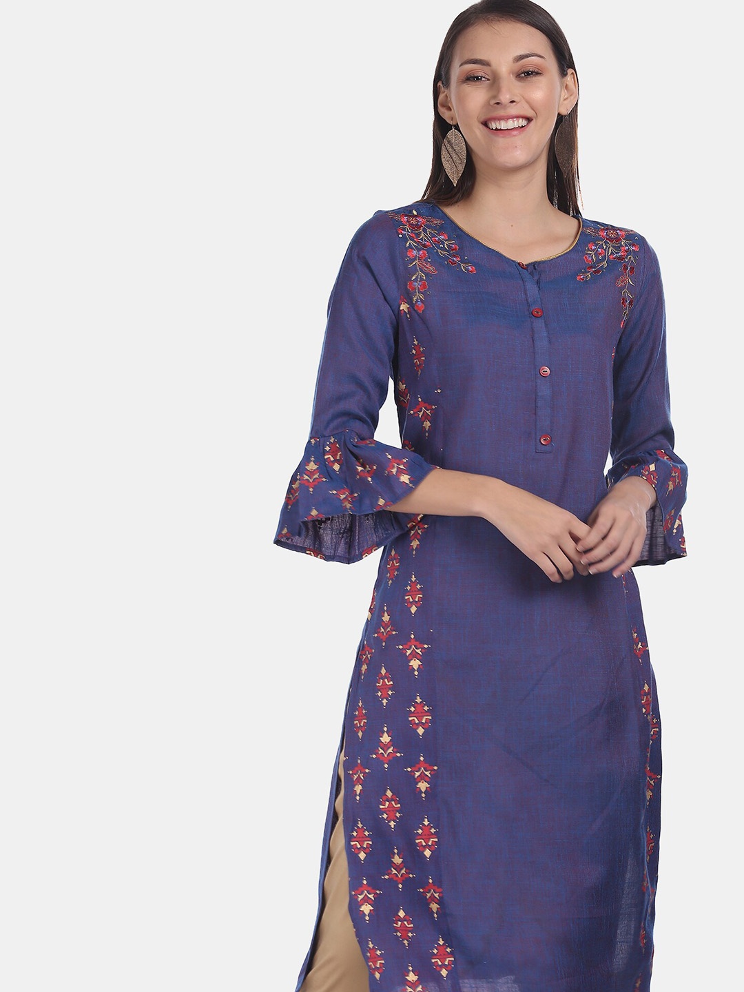 

Karigari Women Blue & Red Ethnic Motifs Printed Flared Sleeves Kurta