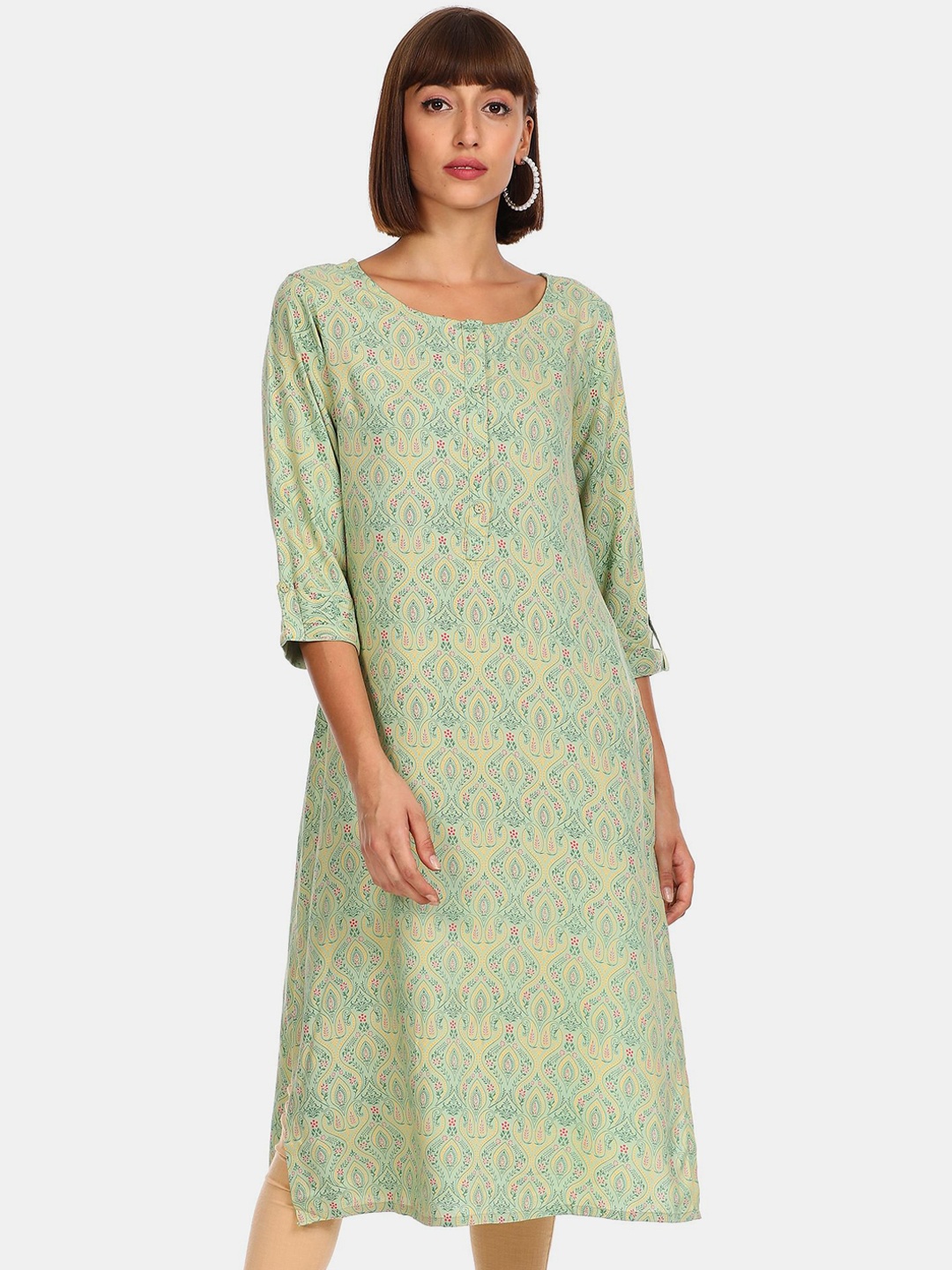 

Karigari Women Green & Pink Ethnic Motifs Printed Kurta