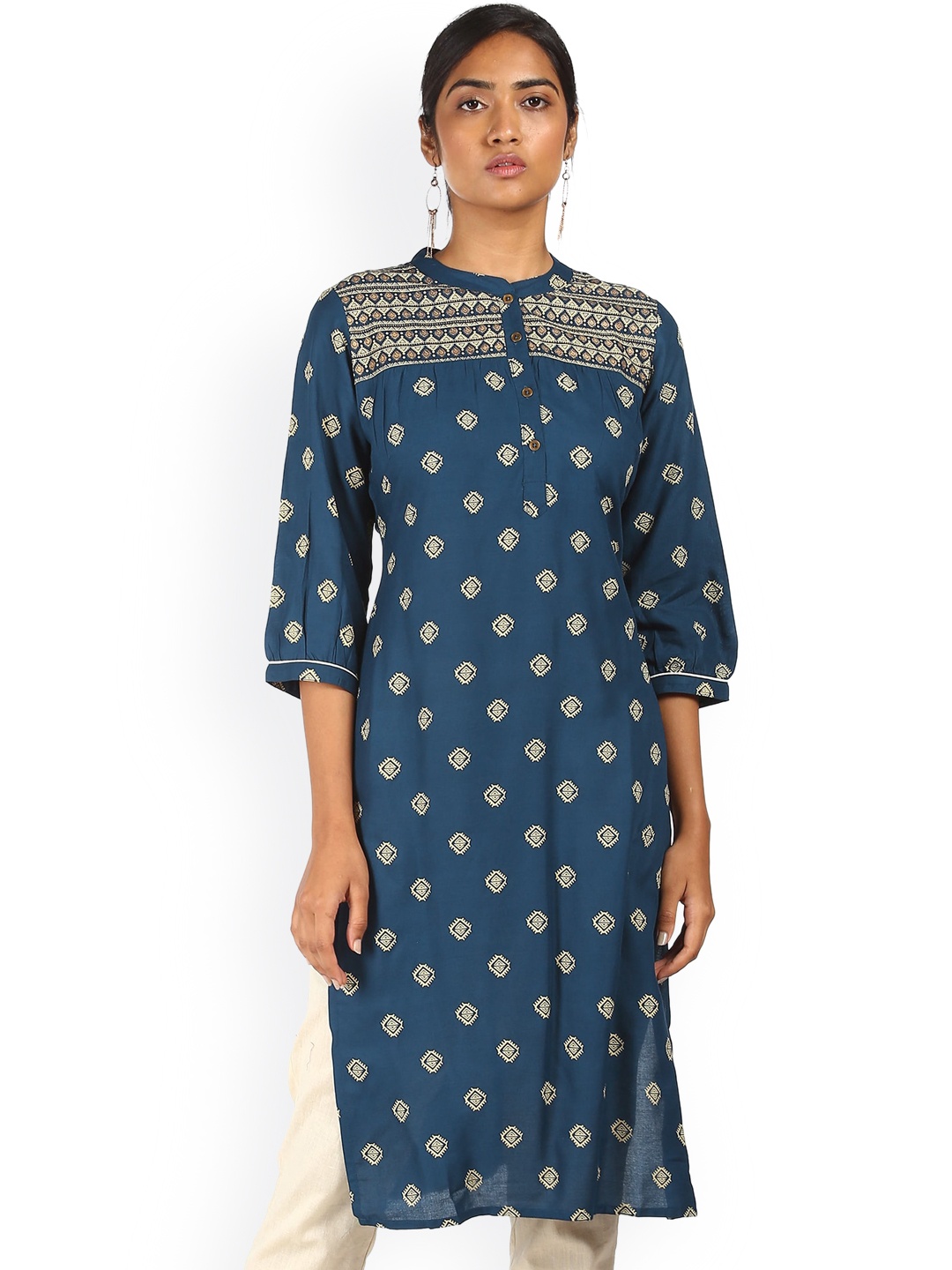 

Karigari Women Blue & Gold-Toned Ethnic Motifs Printed Sleeves Kurta
