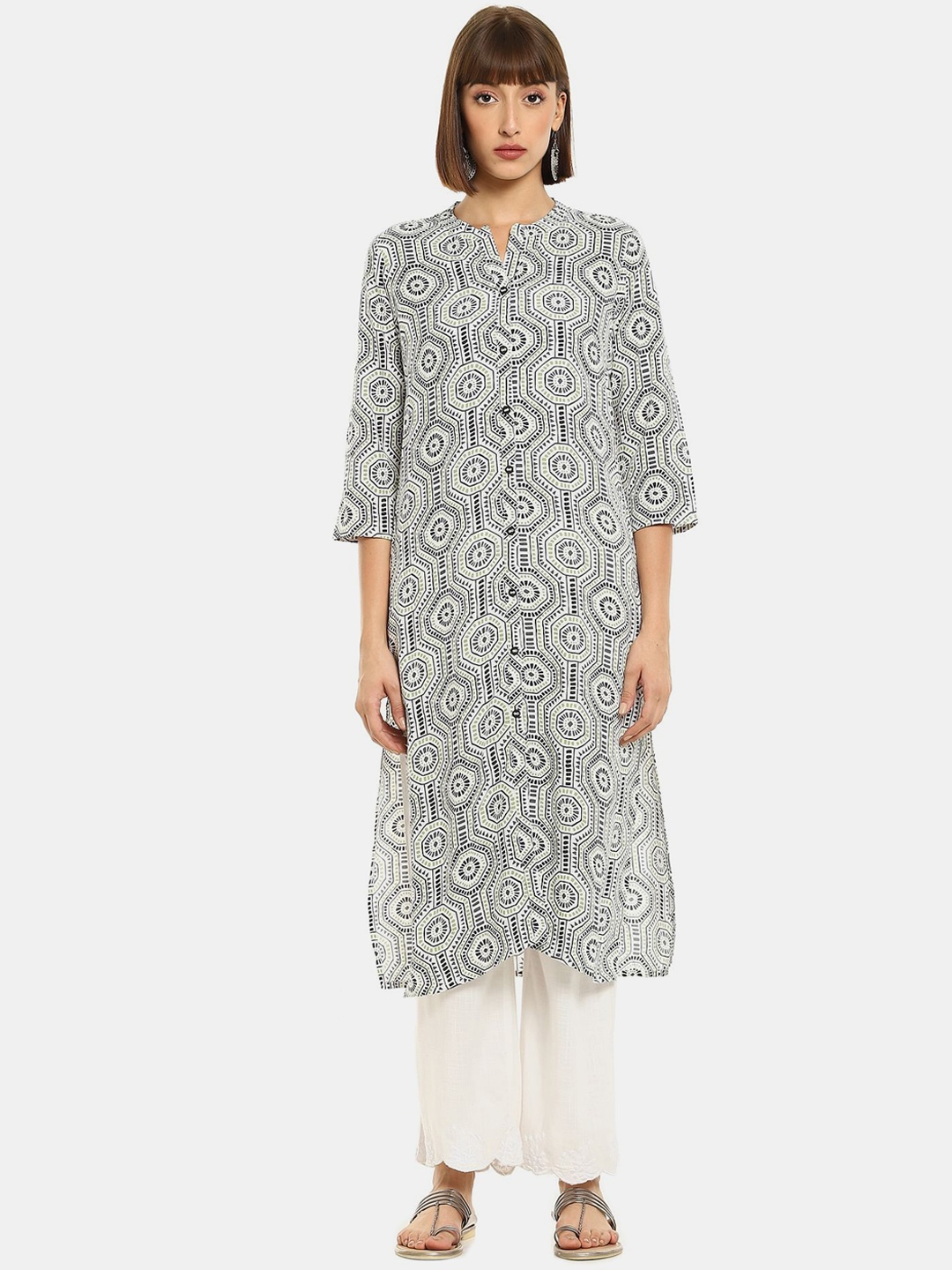 

Karigari Women Off White & Grey Geometric Printed Kurta