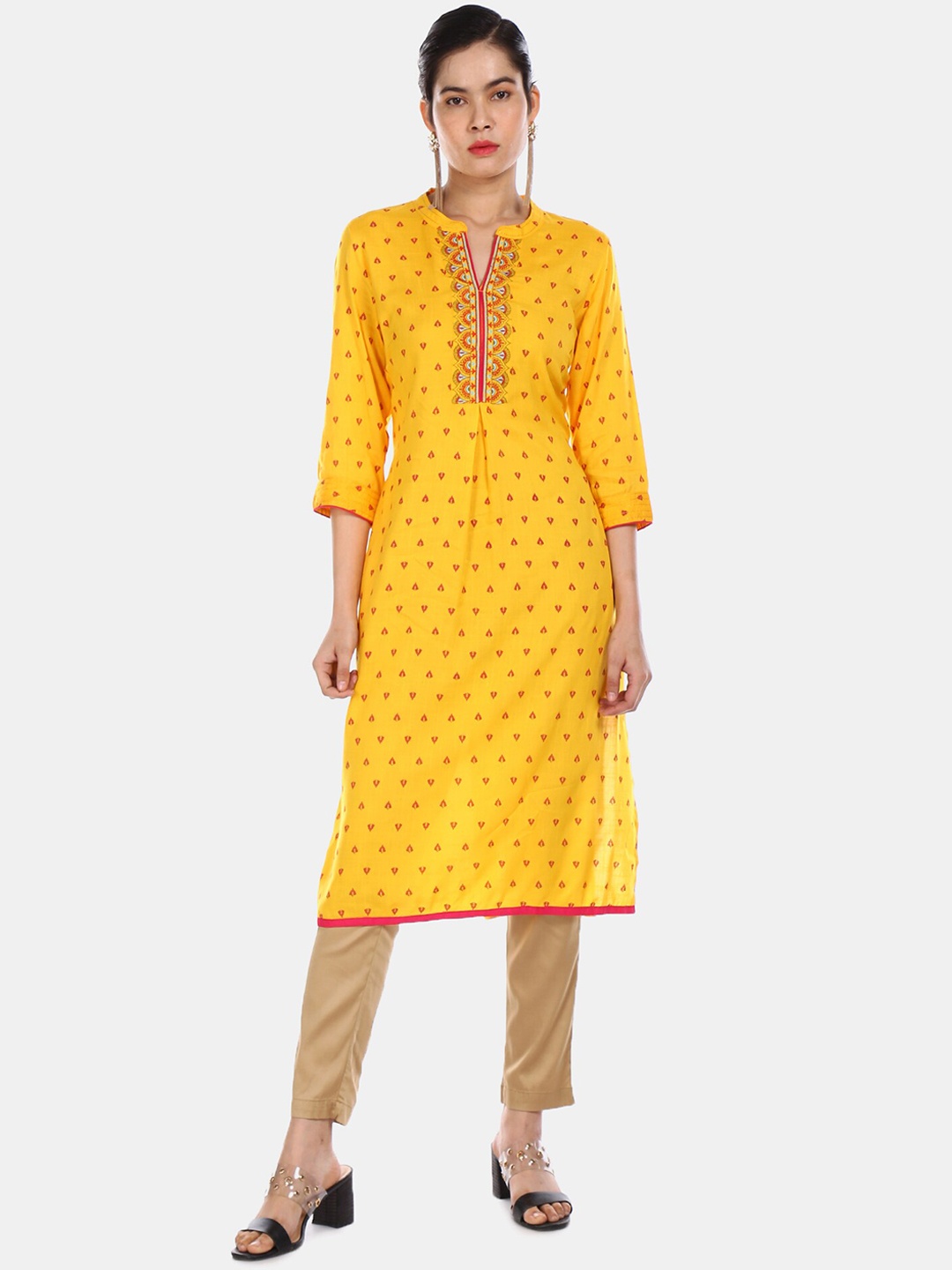 

Karigari Women Yellow & Red Ethnic Motifs Printed Regular Kurta
