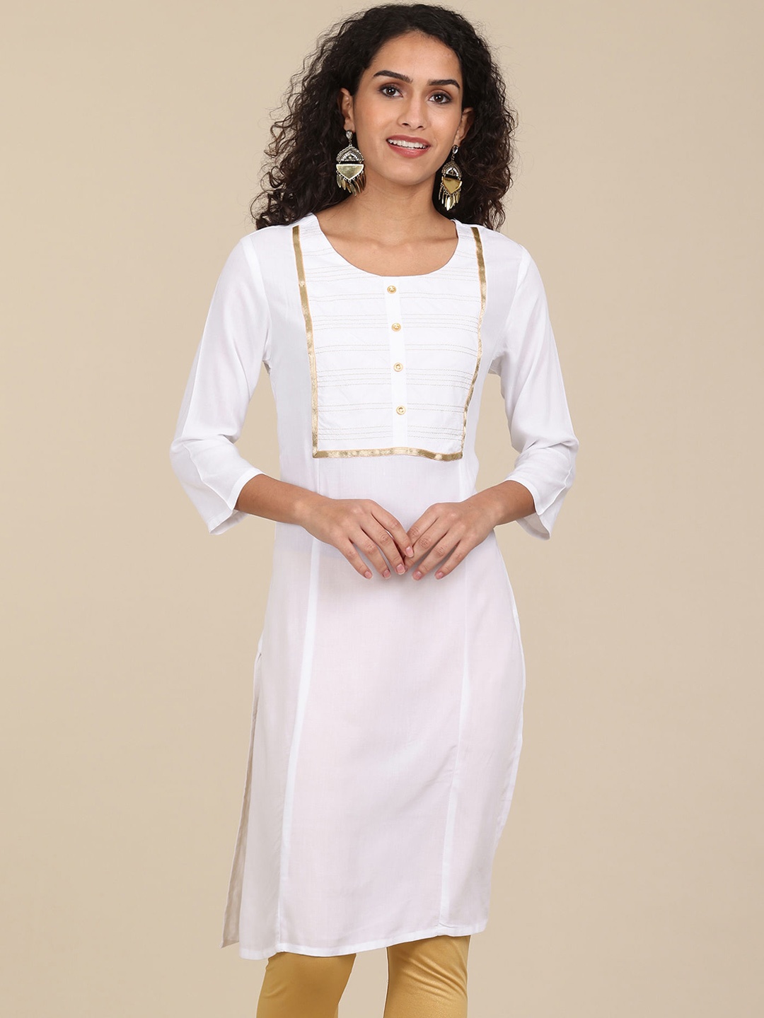 

Karigari Women White & Gold Thread Work Regular Kurta