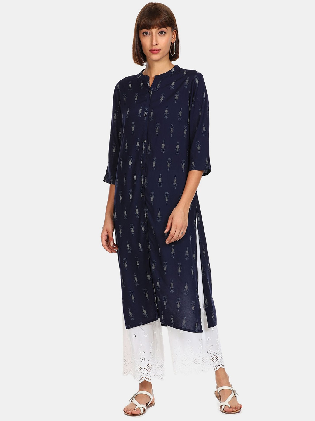 

Karigari Women Navy Blue & Grey Ethnic Motifs Printed Regular Kurta