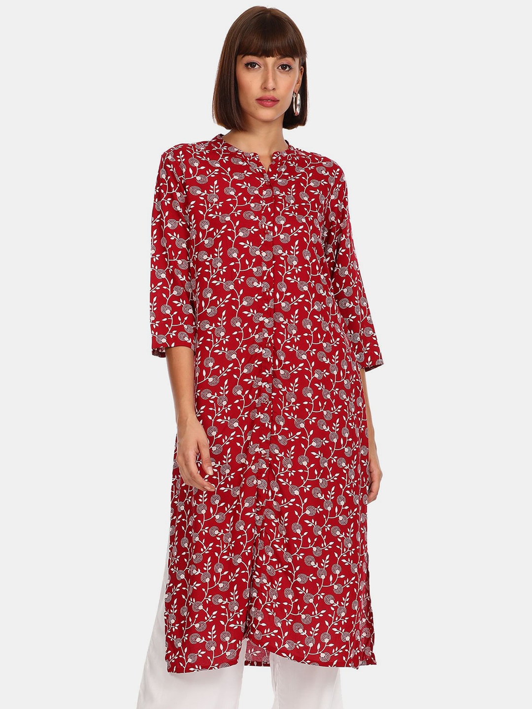 

Karigari Women Maroon & White Floral Printed Regular Cotton Kurta