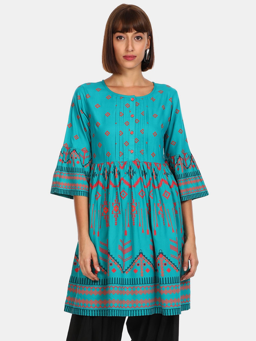

Karigari Women Blue & Red Geometric Printed Cotton Kurta