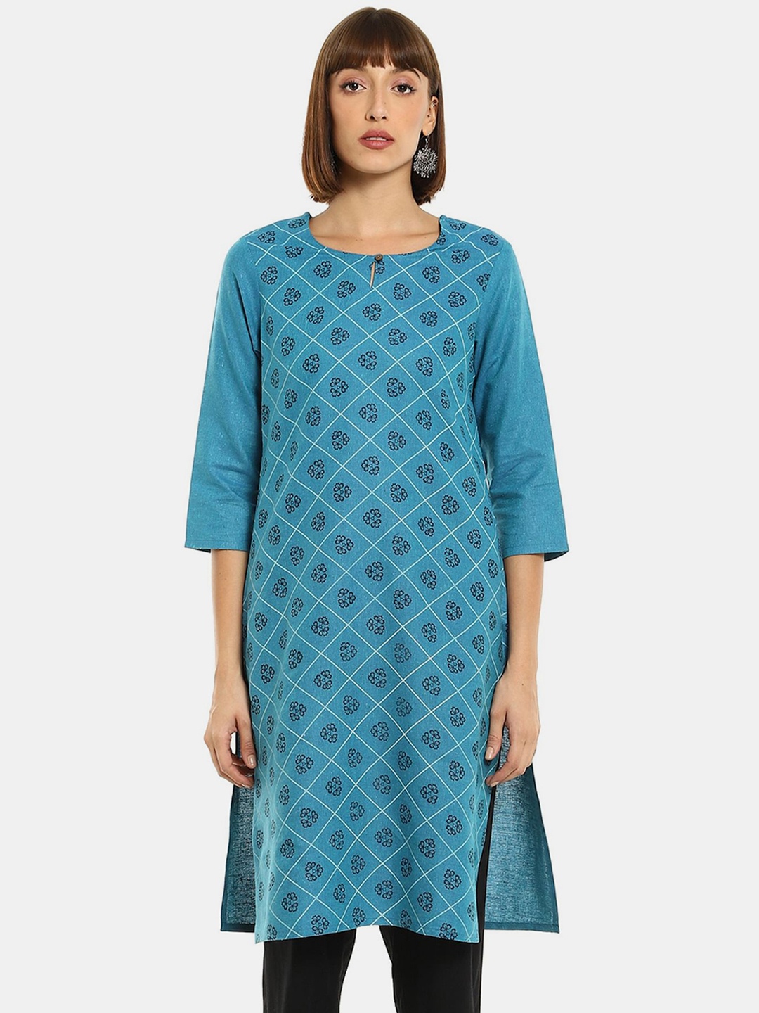 

Karigari Women Blue & Black Floral Printed Regular Kurta