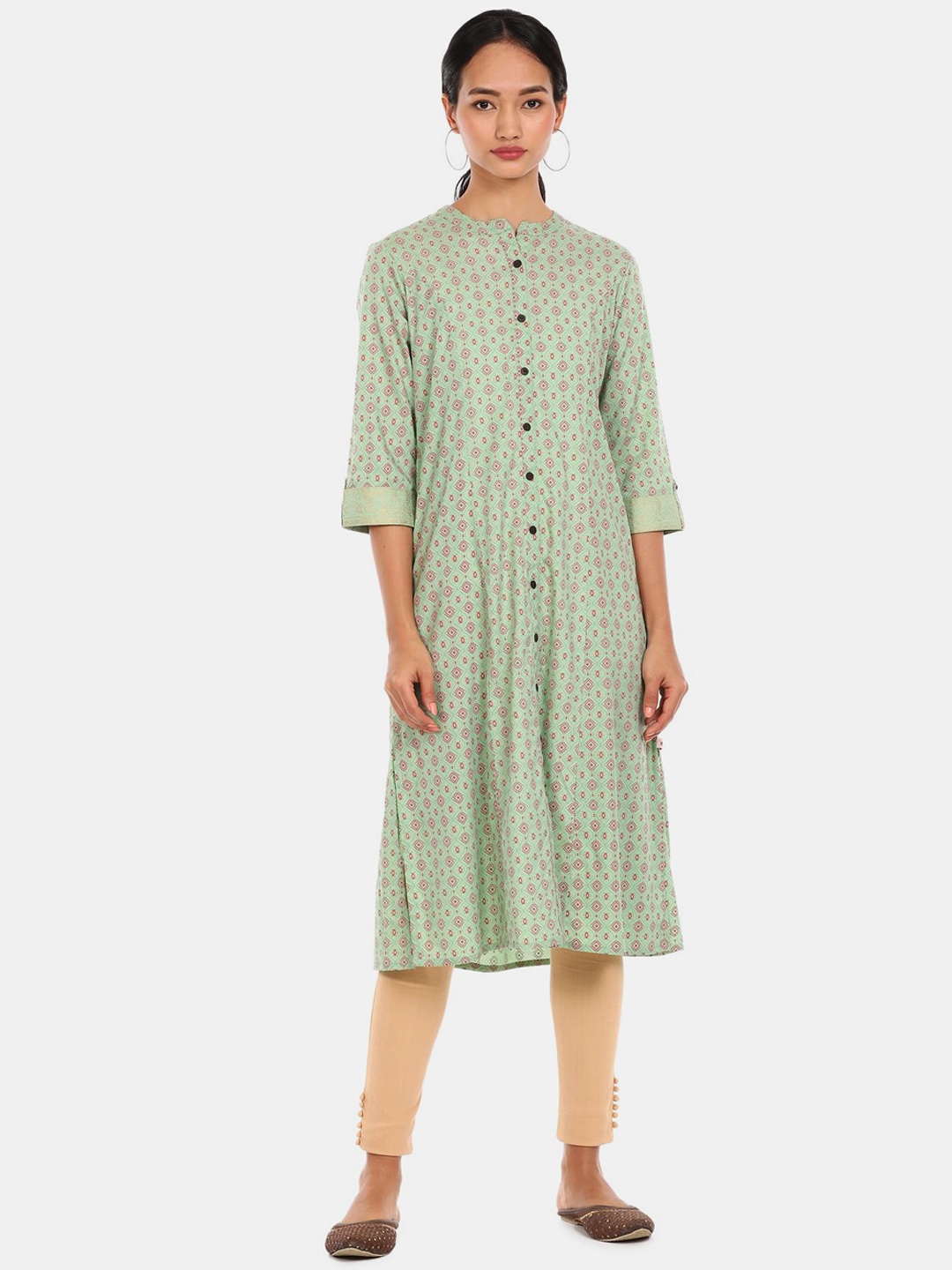 

Karigari Women Green & Pink Geometric Printed Regular Kurta