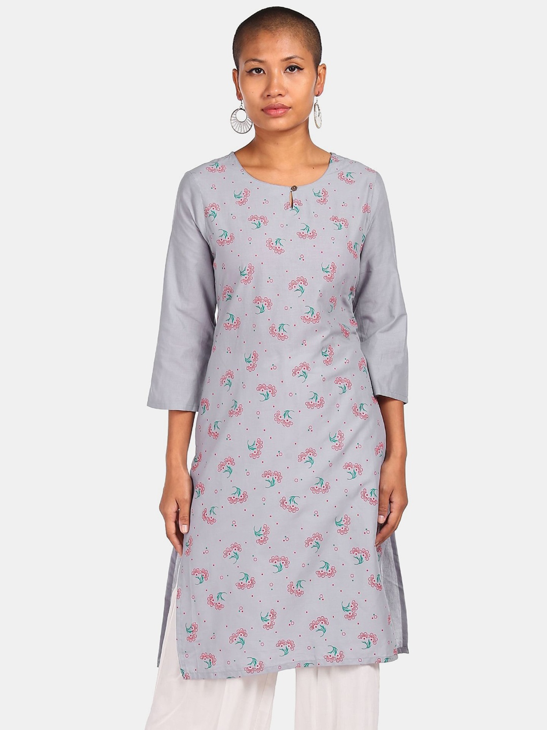 

Karigari Women Grey & Pink Floral Printed Regular Kurta