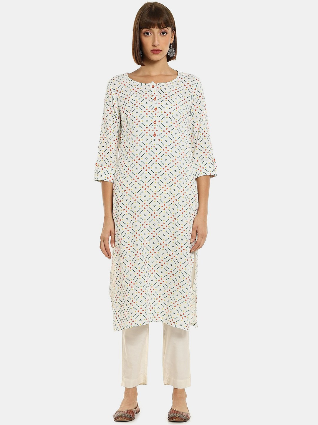 

Karigari Women White & Green Geometric Printed Regular Kurta