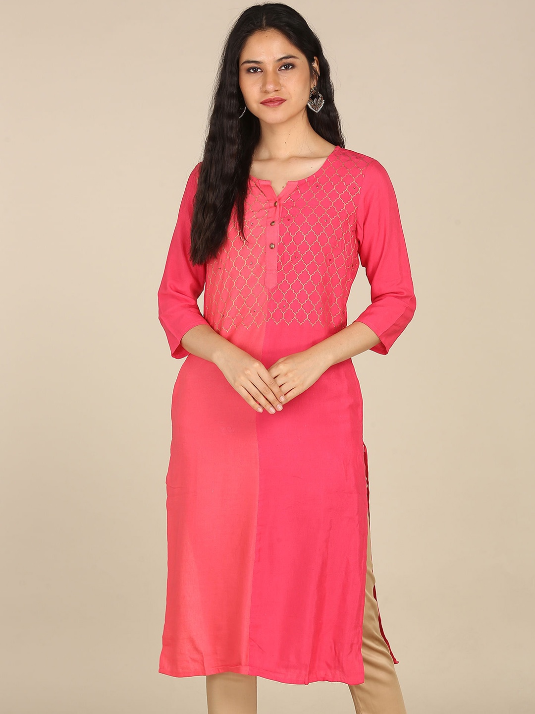 

Karigari Women Pink Ethnic Motifs Yoke Design Thread Work Kurta