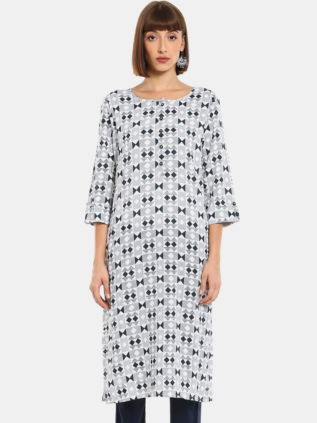 

Karigari Women Blue & White Geometric Printed Regular Kurta