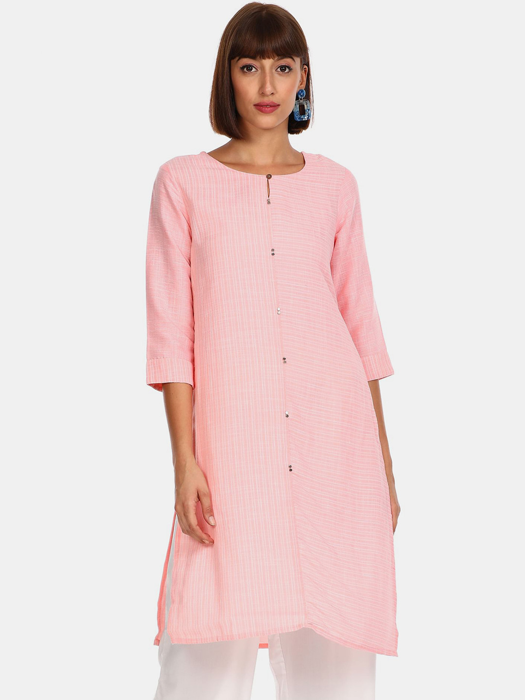 

Karigari Women Peach-Coloured Striped Thread Work Kurta