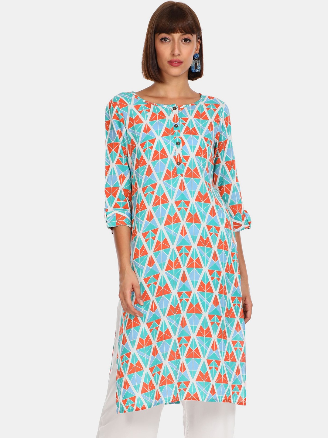 

Karigari Women Blue & Orange Geometric Printed Kurta